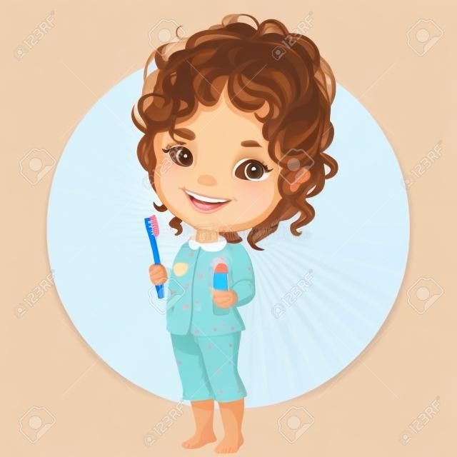 可愛的小女孩矢量肖像準備在早上刷牙。穿睡衣，持牙刷和牙膏。微笑與隔絕在白色背景的棕色捲髮的女生。