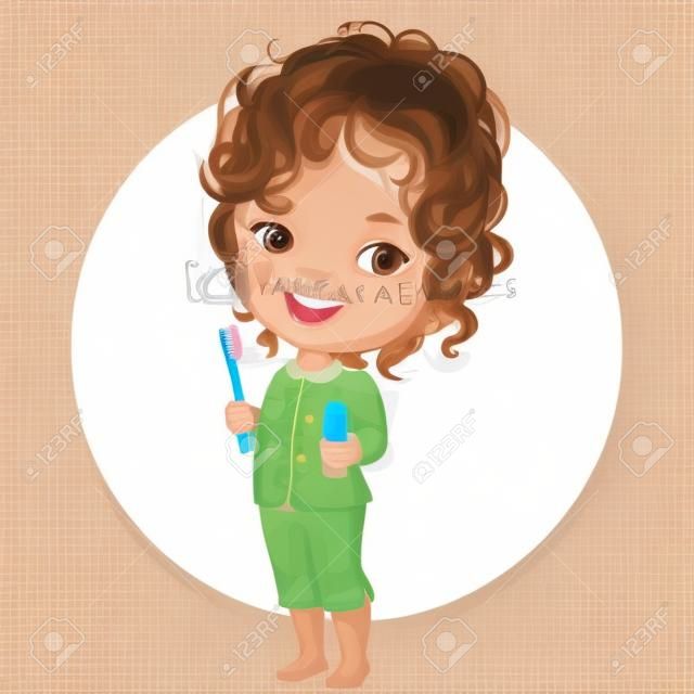 可愛的小女孩矢量肖像準備在早上刷牙。穿睡衣，持牙刷和牙膏。微笑與隔絕在白色背景的棕色捲髮的女生。