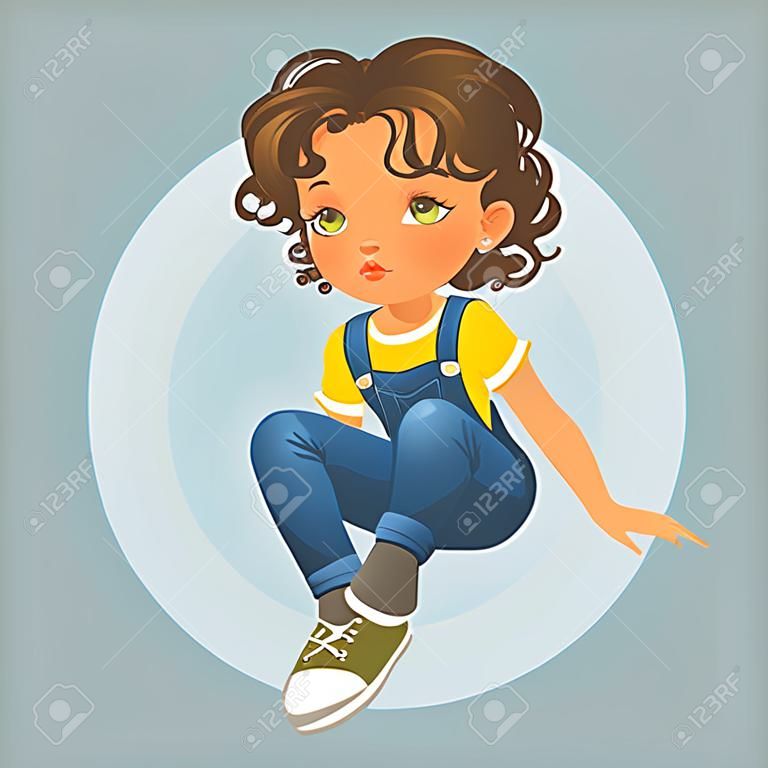 Vector portrait de mignon petite fille assise regardant. Écolière avec des cheveux bruns bouclés porter des jeans bleu combinaison. Isolé sur fond blanc