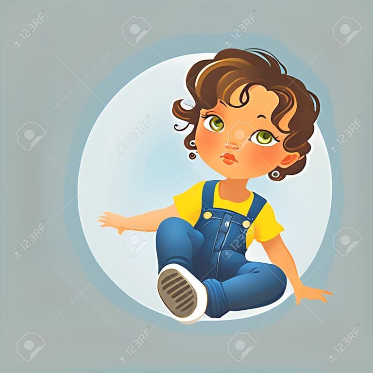 sevimli küçük kız vektör portre seyir oturma. kahverengi kıvırcık saçlı mavi jeans tulum giyen kız öğrenci. isolated on white background