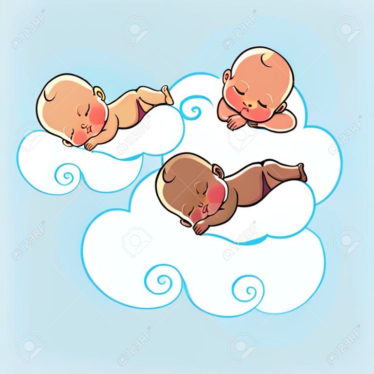 Due simpatici africano americano bambini piccoli che dormono sulla nuvola bianca. icona Neonato. illustrazione vettoriale colorato. Sorridente cartoni animati per bambini che si trovano sul cuscino morbido. Bambino di riposo durante la notte. carta showe bambino.