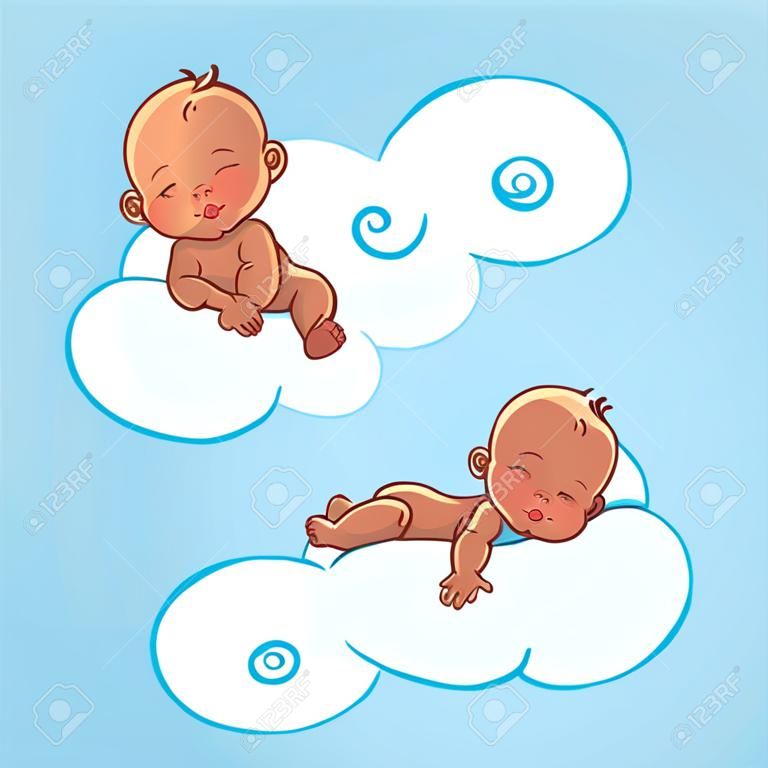 兩個可愛的非洲裔美國人的小寶寶睡在白雲。新生寶寶的圖標。豐富多彩的矢量插圖。微笑的卡通小孩躺在軟枕。兒童休息晚上。嬰兒簡易淋浴卡。
