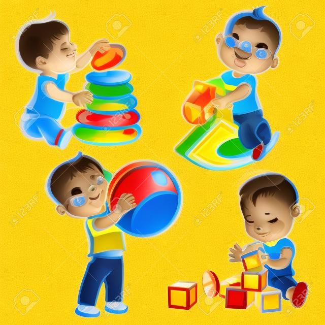 Children play with toys. Little baby boy riding a wooden horse.  Kid with pyramid, boy holding a ball. Baby builds a house with cubes. Toys and games for one year old kid. Colorful illustration.