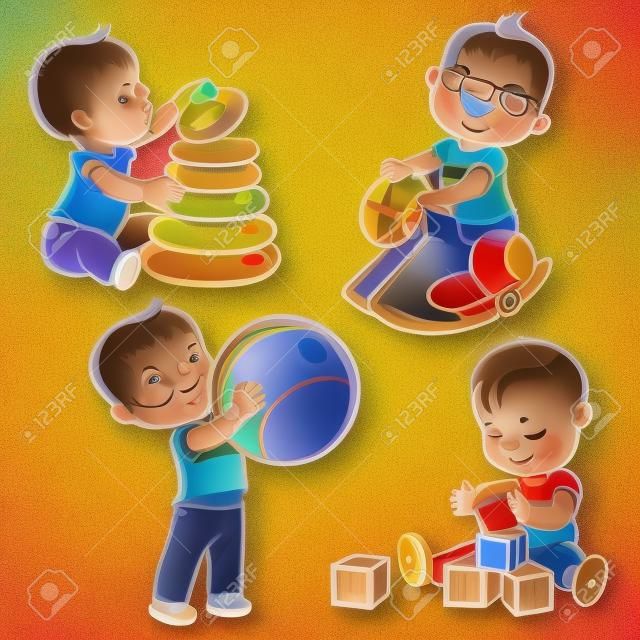 Gyerekek játszanak a játékokkal. Kisbaba fiú lovaglás egy fa ló. Kid piramis, fiú, aki olyan labdát. Baba épít egy házat kockákra. Játékok és játékok egy éves gyerek. Színes illusztráció.