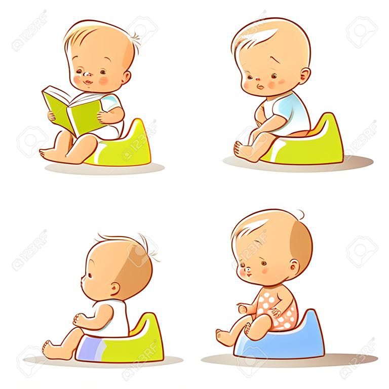 Conjunto de bebês pequenos bonitos sentados no potty. Ilustração de treinamento potty. Criança aprendendo a usar o livro de leitura de criança potty.1 ano de idade. Bebê feliz com brinquedo. Vetor de crianças isolado no fundo branco.