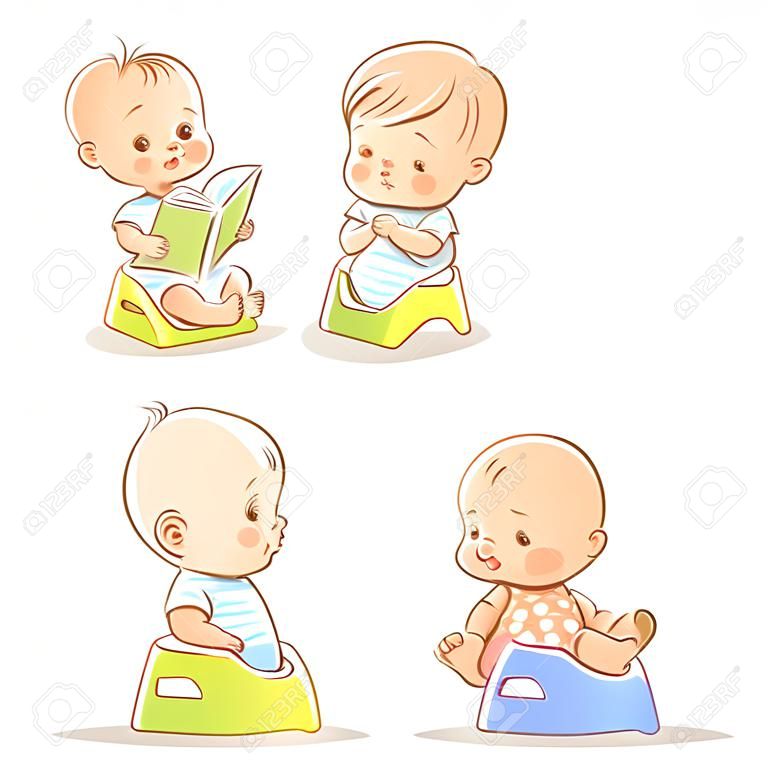 Set of cute little babies sitting on potty. Potty training illustration. Toddler learning to use potty.1 year old kid reading book. Happy baby with toy. Children vector isolated on white background.