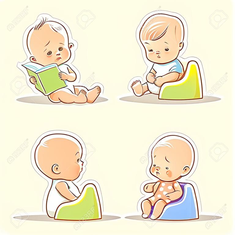 Conjunto de pequeños bebés lindos que se sientan en insignificante. ilustración entrenamiento. Niño aprender a usar el libro de lectura niño de edad potty.1 año. Bebé feliz con el juguete. Los niños del vector aislados sobre fondo blanco.