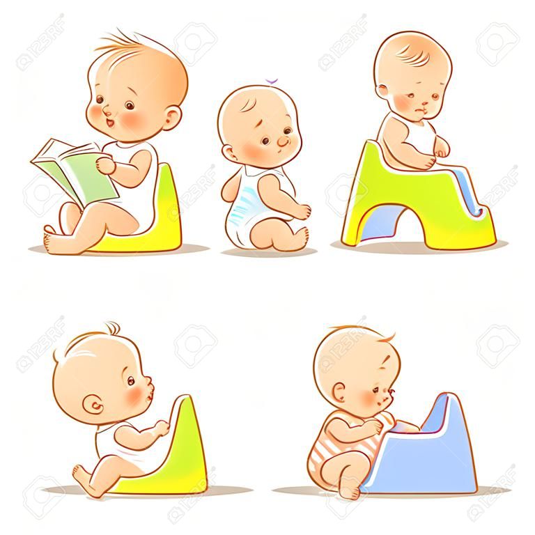 Conjunto de bebês pequenos bonitos sentados no potty. Ilustração de treinamento potty. Criança aprendendo a usar o livro de leitura de criança potty.1 ano de idade. Bebê feliz com brinquedo. Vetor de crianças isolado no fundo branco.