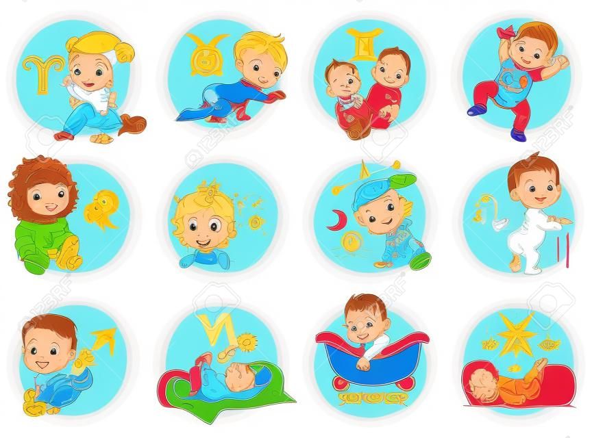 Set of zodiac icons. Horoscope signs as cartoon characters. Cute baby boys and girls as astrological symbol. Colorful vector illustration. Baby in diaper, crawling, sitting, smiling, sleeping baby.