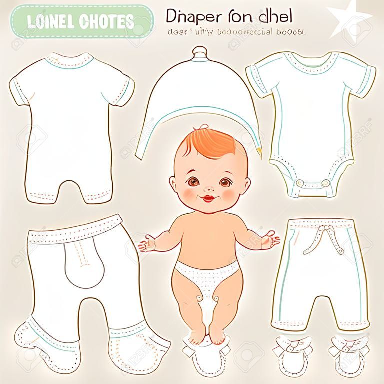 Cute little baby in diaper as paper doll. Vector set of basic clothes for newborn isolated. Three unisex colors. Hat, t-shirt, overalls, romper, bodysuit, boots. Vector illustration.