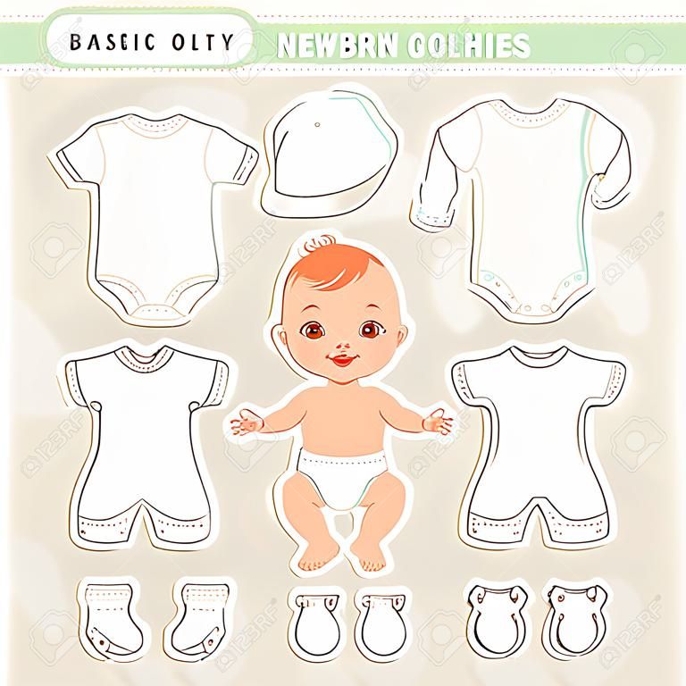 Cute little baby in diaper as paper doll. Vector set of basic clothes for newborn isolated. Three unisex colors. Hat, t-shirt, overalls, romper, bodysuit, boots. Vector illustration.