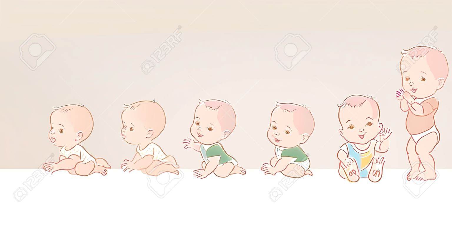 Scale of baby growth from newborn to toddler. First year milestones. Cute boy of 12 months. Vector color illustration.