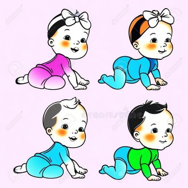 El bebé activo de 6 a 12 meses aprende a gatear. Primer año del hito infantil. Crecimiento del bebé. Juego de bebé saludable. Ilustración de vector de color.