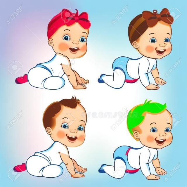 Active baby of age of 6-12 months learn to crawl. First year of child milestone. Baby growth. Healthy baby play. Color vector illustration.