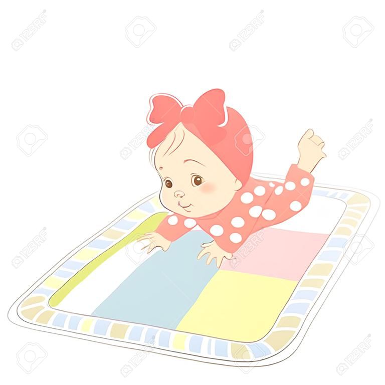  Kid wearing white bodysuit, reach out hand to object . Child early development. Kid in pajamas. Color vector illustration.