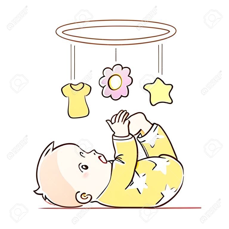 Baby wear yellow pajamas. Baby boy lying on back, look at bright hanging toy. Colorful vector Illustration isolated on white background.