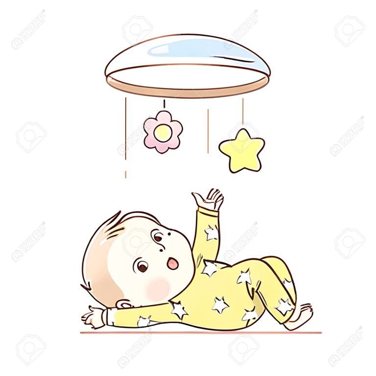 Baby wear yellow pajamas. Baby boy lying on back, look at bright hanging toy. Colorful vector Illustration isolated on white background.