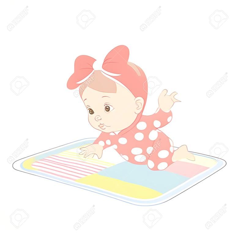 Kid wearing white bodysuit, reach out hand to object . Child early development. Kid in pajamas. Color vector illustration.