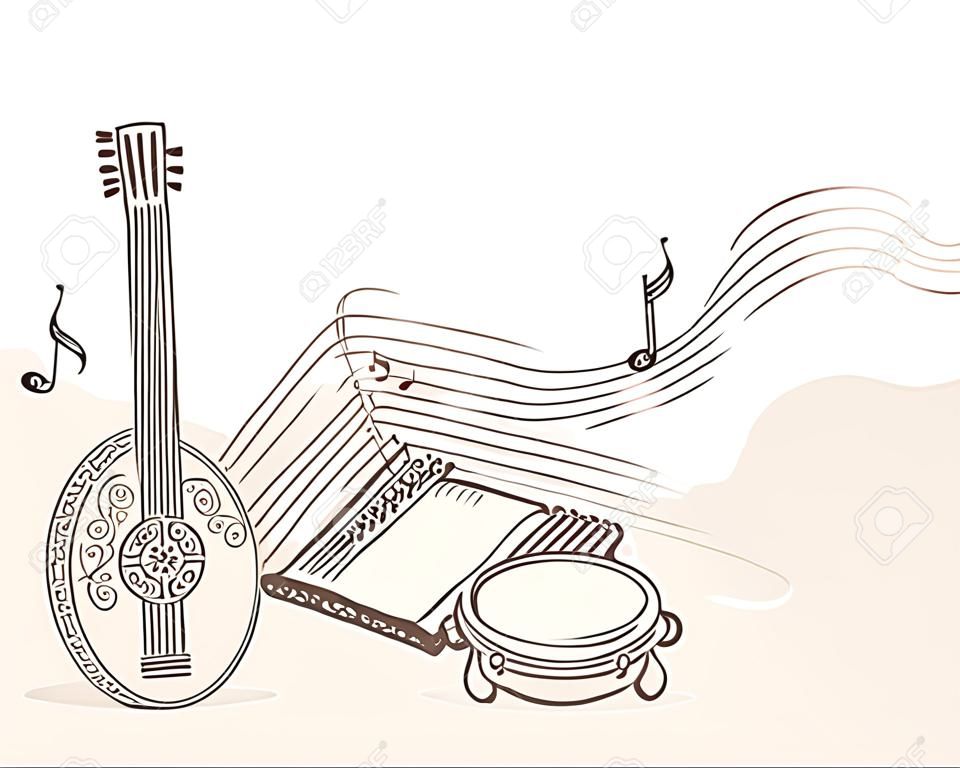 Music themed background with Arabic instruments. Vector illustration.