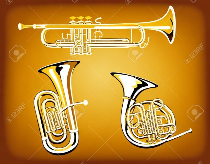 Trompete, chifre e Tuba. Conjunto de latão de ilustração vetorial.