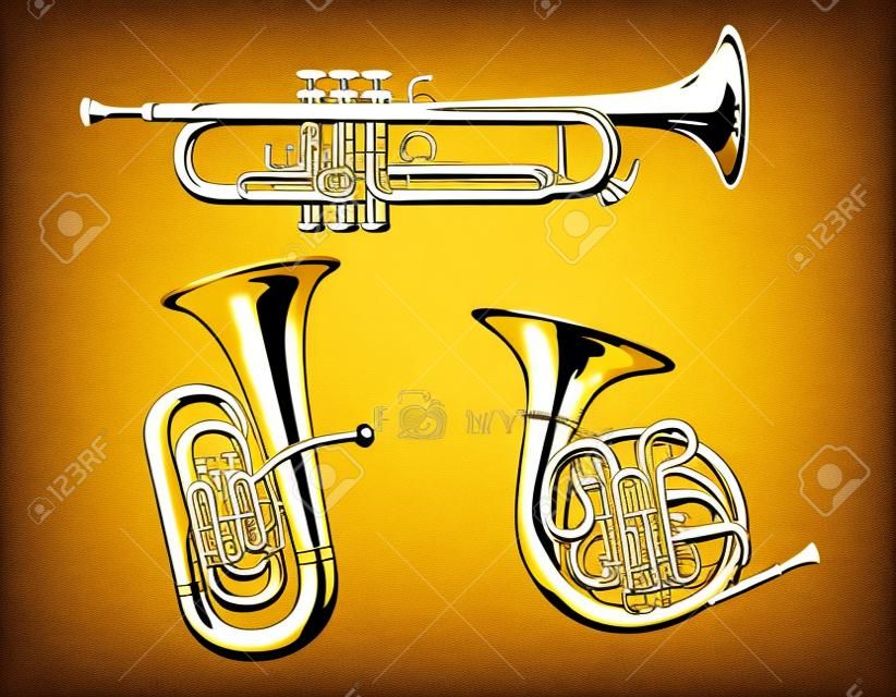 Trumpet, Horn and Tuba. Brass set of vector illustration.