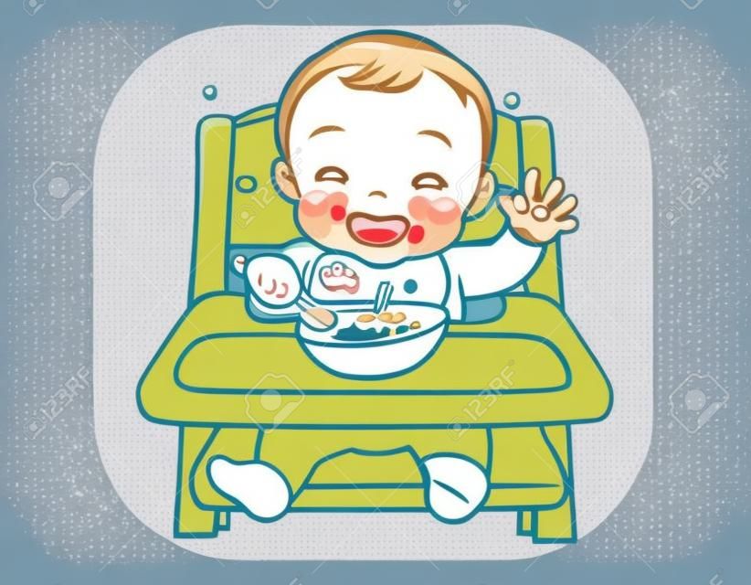 Baby eating baby food. Vector illustration.