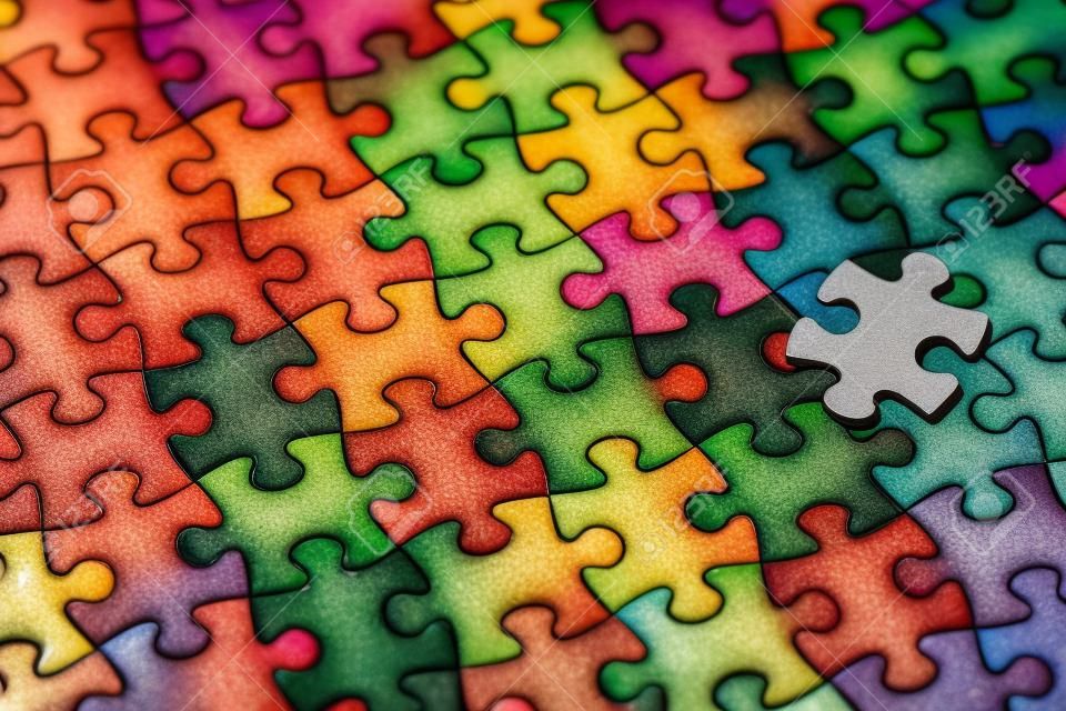 Il puzzle multicolore sullo sfondo è un'arte della sfocatura dell'oggetto del dettaglio del puzzle