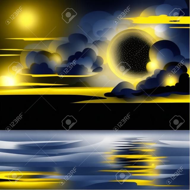 Vector night cloudy sky with yellow moon, stars and calm sea