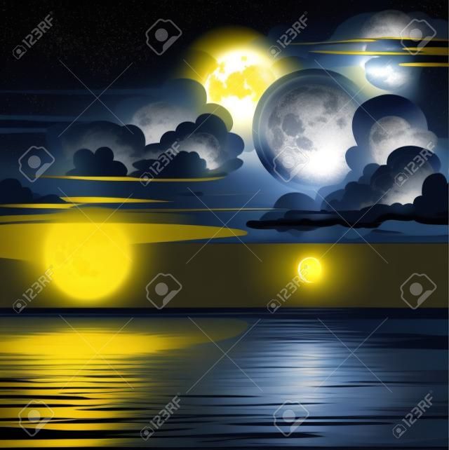 Vector night cloudy sky with yellow moon, stars and calm sea