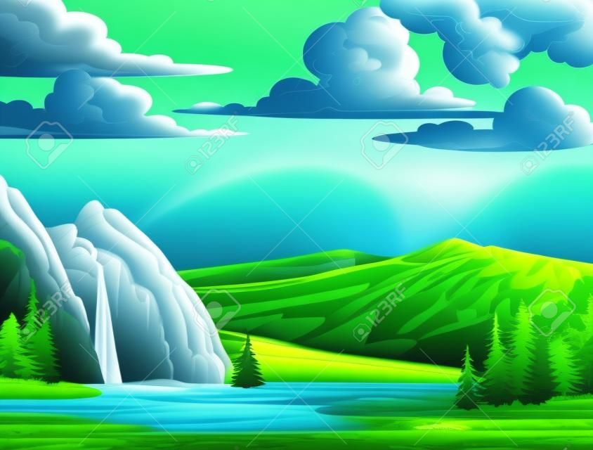 Paisagem verde de verão com cachoeira e colinas em um céu nublado azul