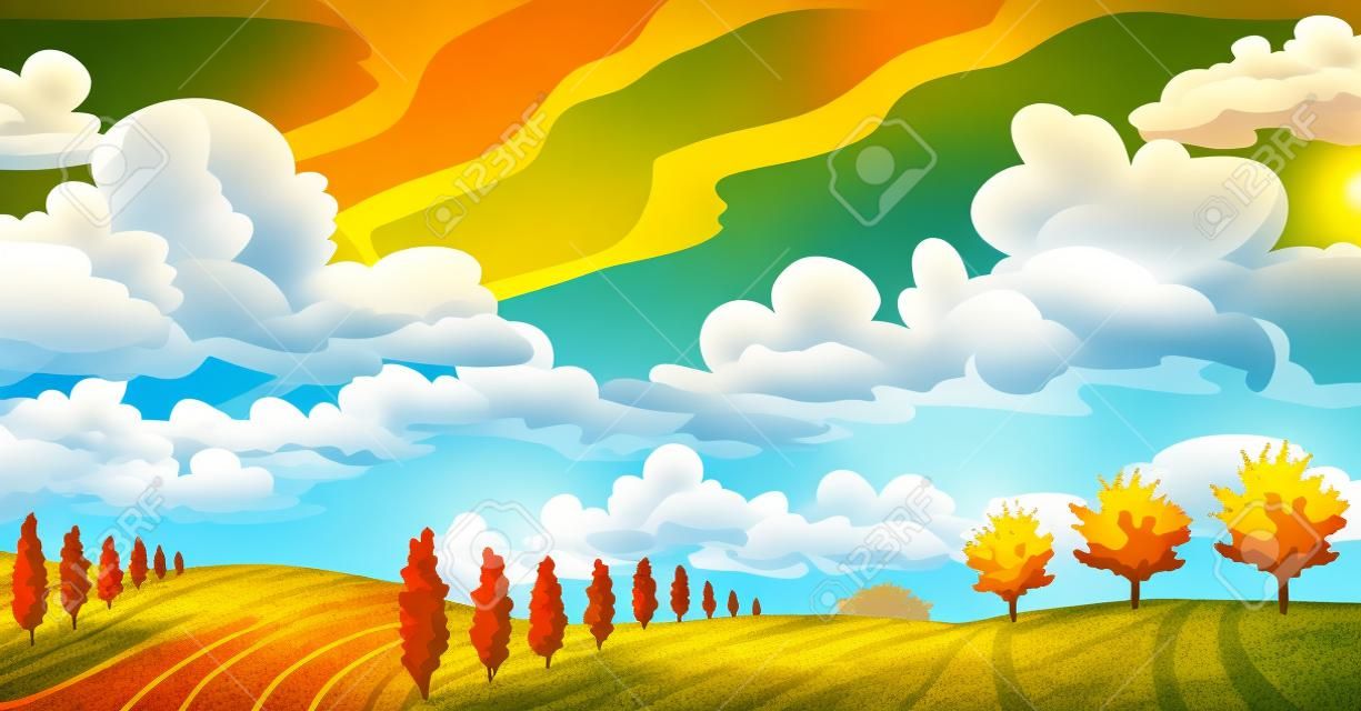 Autumn landscape with yellow meadow and green trees on a blue cloudy sky
