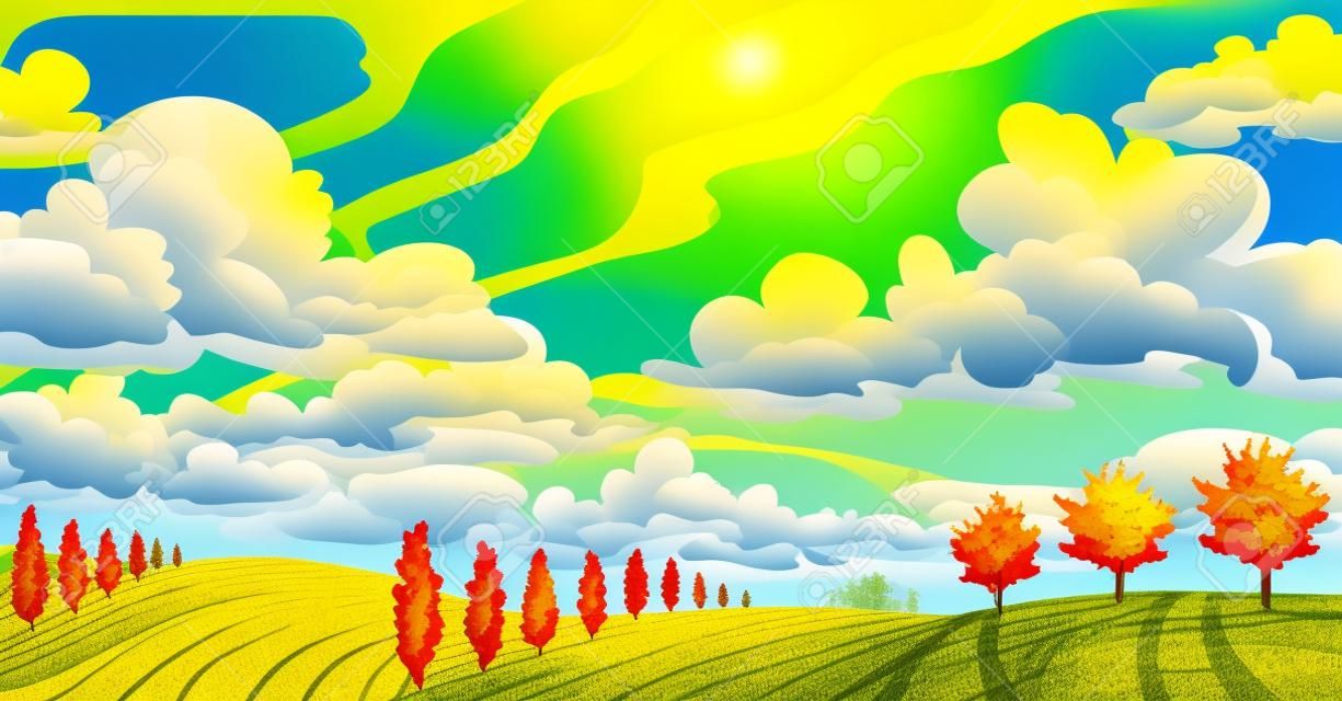 Autumn landscape with yellow meadow and green trees on a blue cloudy sky