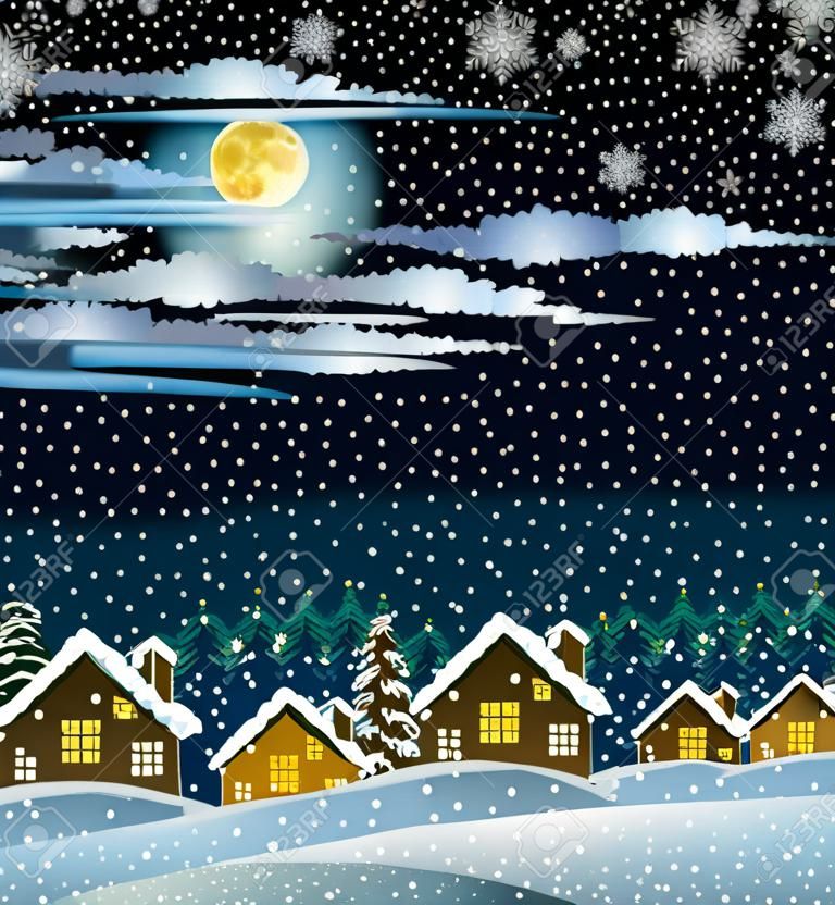 Paysage d'hiver avec la lune maisons de neige, des forêts et fou