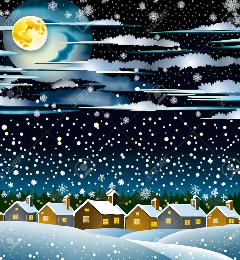 Paysage d'hiver avec la lune maisons de neige, des forêts et fou