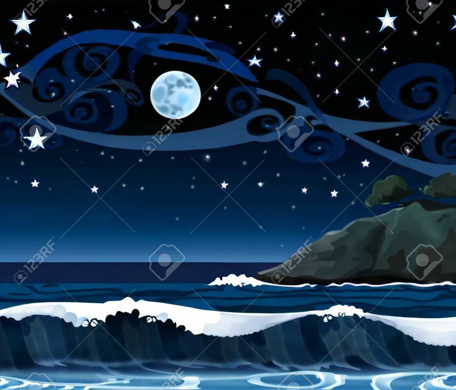 夜晚的海景，海浪，島嶼和滿月的星空背景