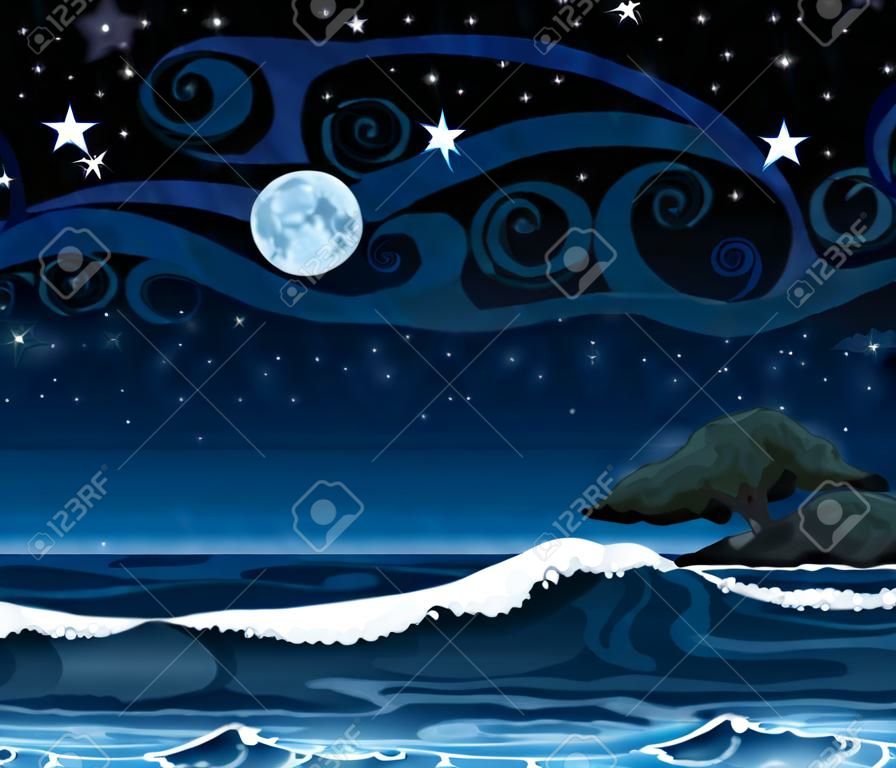 Nuit paysage marin avec des vagues, l'île et la pleine lune sur un fond de ciel étoilé