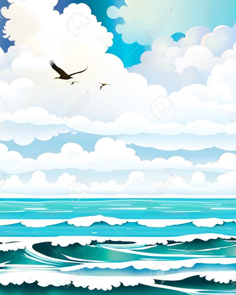Group of clouds on a blue sky with two birds and turquoise sea with waves  summer landscape 
