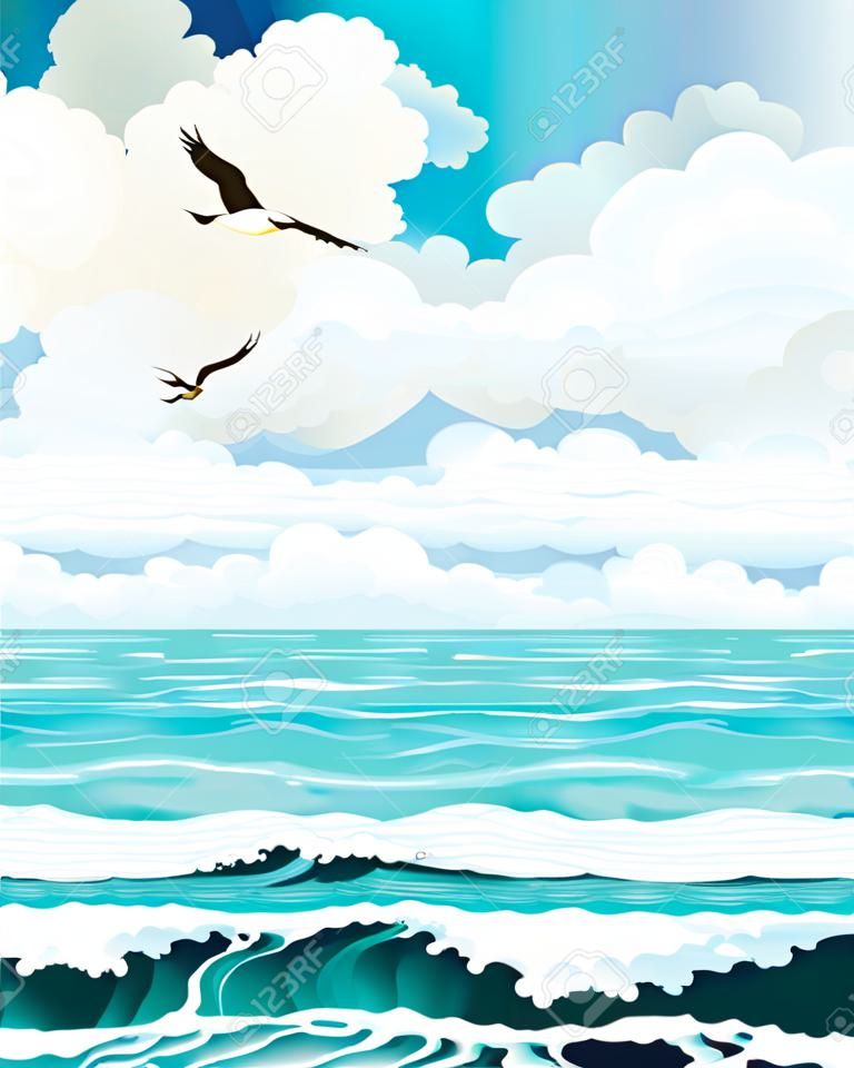 Group of clouds on a blue sky with two birds and turquoise sea with waves  summer landscape 