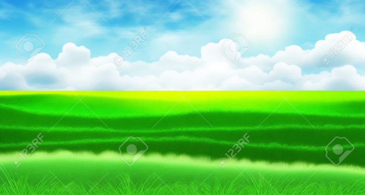 自然夏季景觀 - 場綠草茵茵，一群白色的雲朵在藍色天空背景