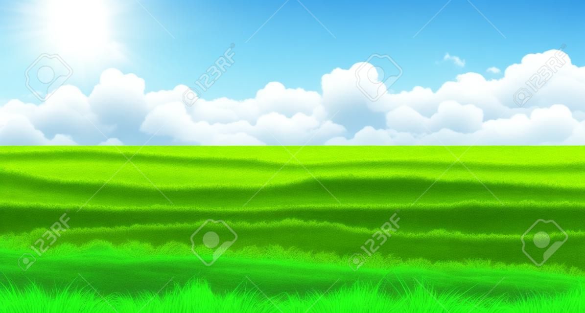 自然夏季景觀 - 場綠草茵茵，一群白色的雲朵在藍色天空背景