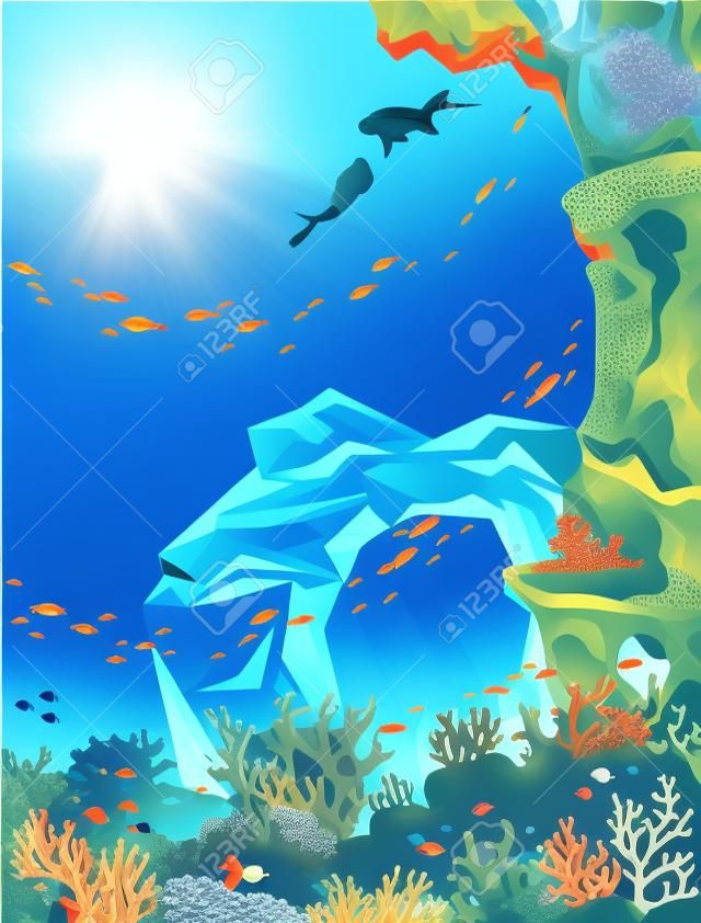 Submarino ilustración vectorial - arrecife de coral con cardumen de peces, cueva marina y dos buzos. Paisaje marino natural.