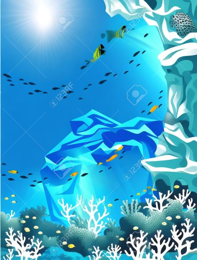 Unterwasser-Vektor-Illustration - Korallenriff mit Schule der Fische, Meereshöhle und zwei Taucher. Natürliche Seelandschaft.