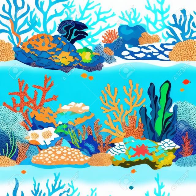Seamless underwater pattern with coral reef and algaes. Natural vector colorful wallpaper.