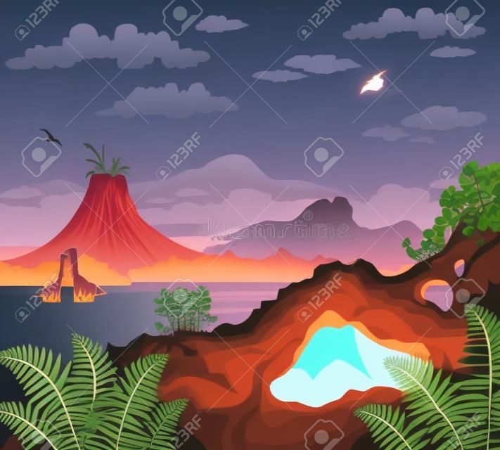 Prehistoric landscape - volcano with lava, mountains, dinosaurs and natural stone arch with fern. Vector natural illustration.