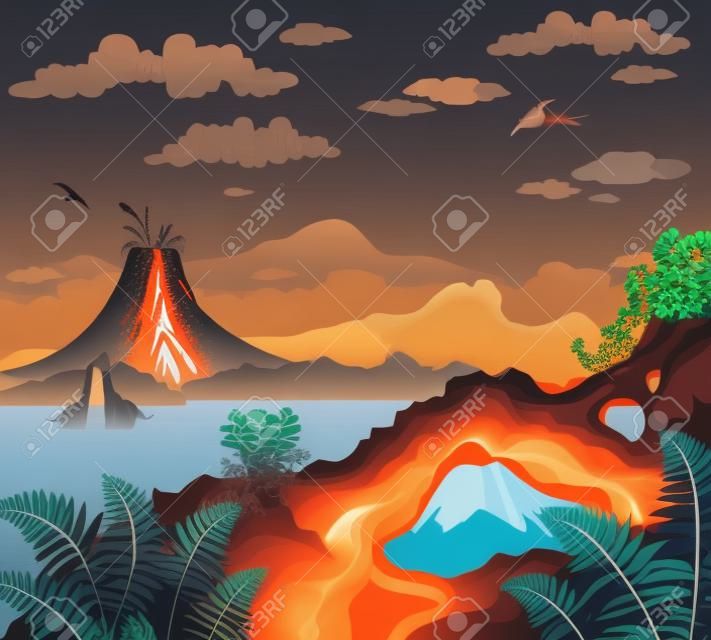 Prähistorische Landschaft - Vulkan mit Lava, Berge, Dinosaurier und Natursteinbogen mit Farn. Vector natürliche Abbildung.
