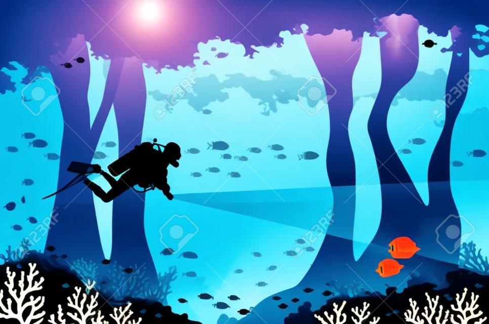 Silhouette of scuba diver with lantern, coral reef with school of fish and underwater cave on a blue sea. Vector nature illustration.