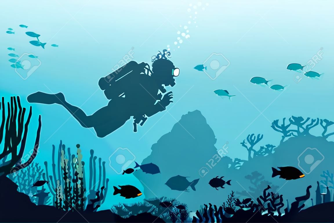 Silhouette de plongeur nageant près de la barrière de corail et de poissons sur fond bleu de la mer. Illustration tropicale vectorielle avec la faune marine sous-marine. Sport d'eau.
