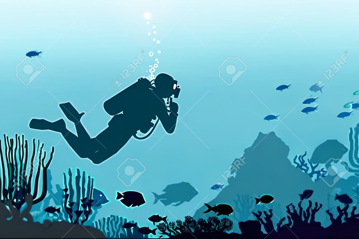 Silhouette of scuba diver swimming near the coral reef and fishes on a blue sea background. Vector tropical illustration with underwater marine wildlife. Water sport.