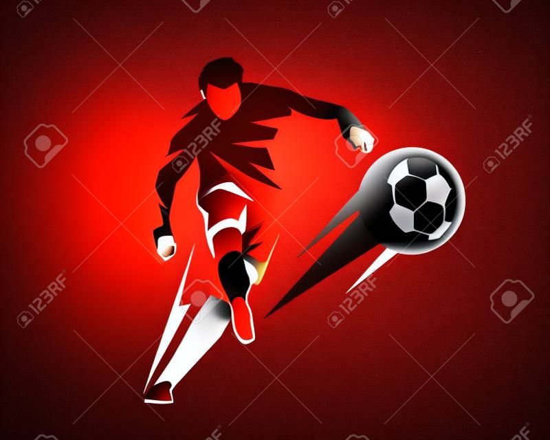 Страстный современный футболист в действии Логотип - Агрессивный удар по огню