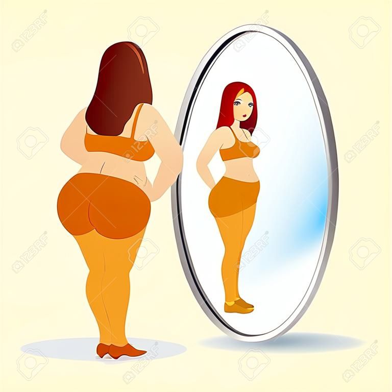 Fat woman looking in mirror and seeing herself as slim and younger, vector